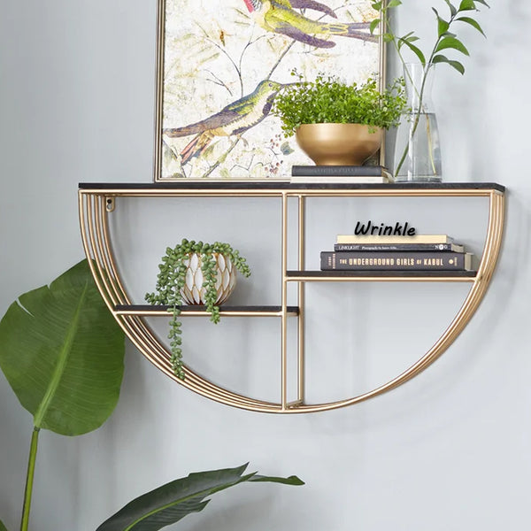 Metal And Solid Sheesham Wood 3 Piece Metal Accent Shelf (Gold)