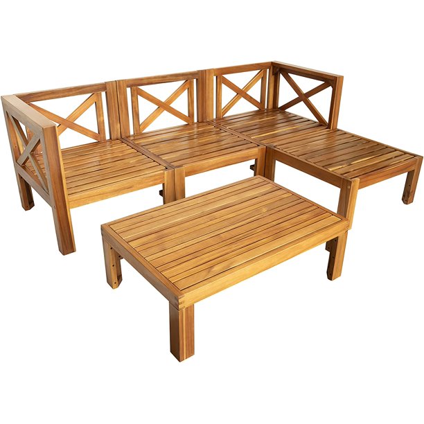 Outdoor Backyard Solid Sheesham Wood 5-Piece Sectional Sofa Seating Group Set