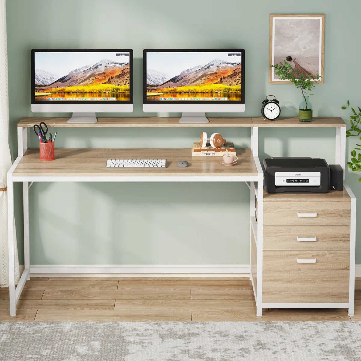 Furnishiaa Solid Sheesham Wood Computer Desk with Drawers and Hutch