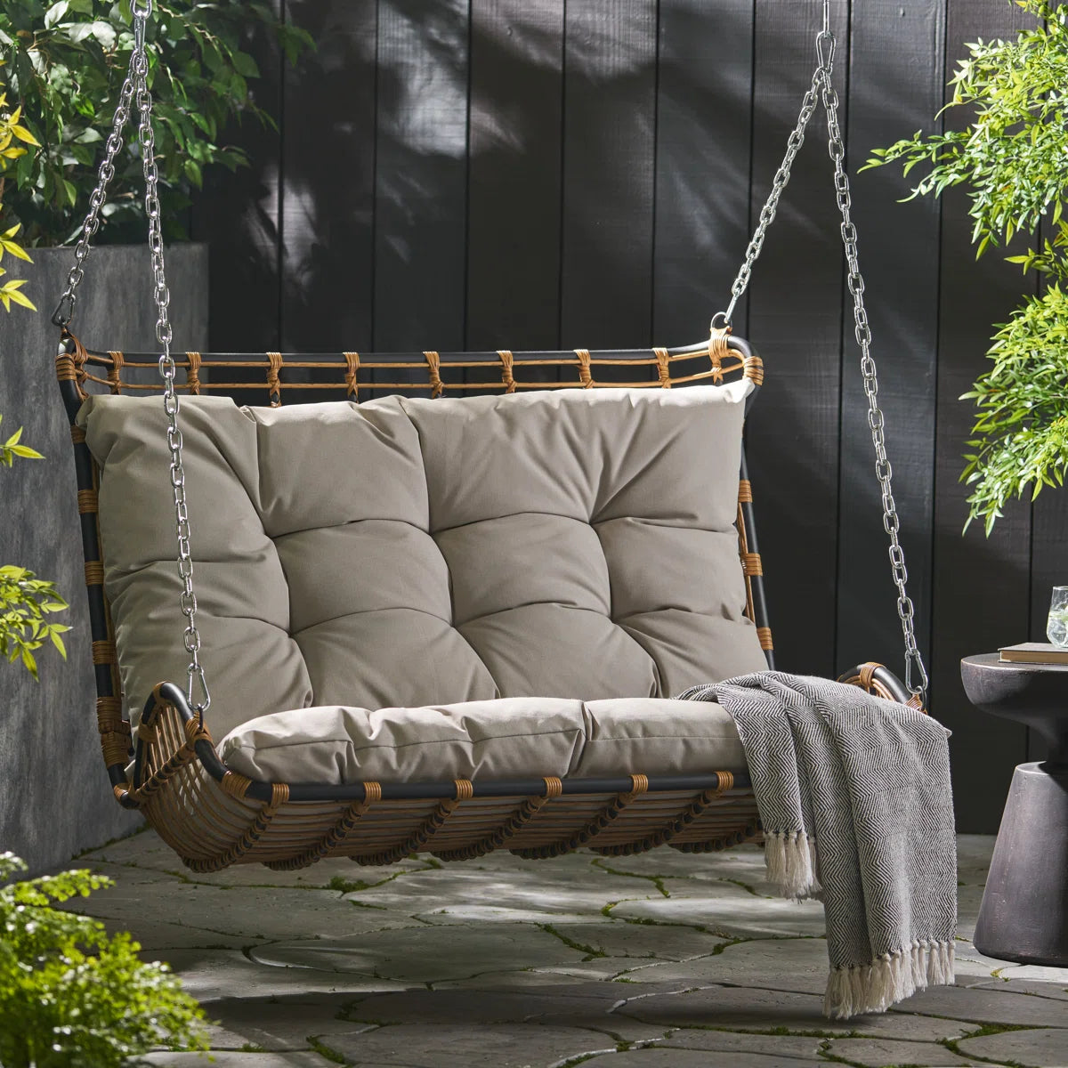 Furnishiaa Hanging Porch Swing – Wicker Wrapped with Iron Frame
