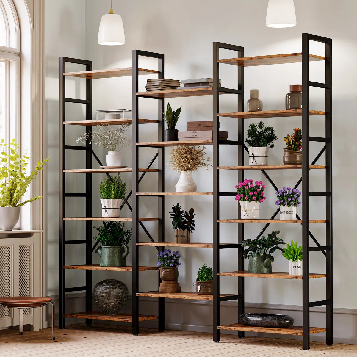 Furnishiaa Triple-Wide Industrial Bookcase with Solid Sheesham Wood Shelves