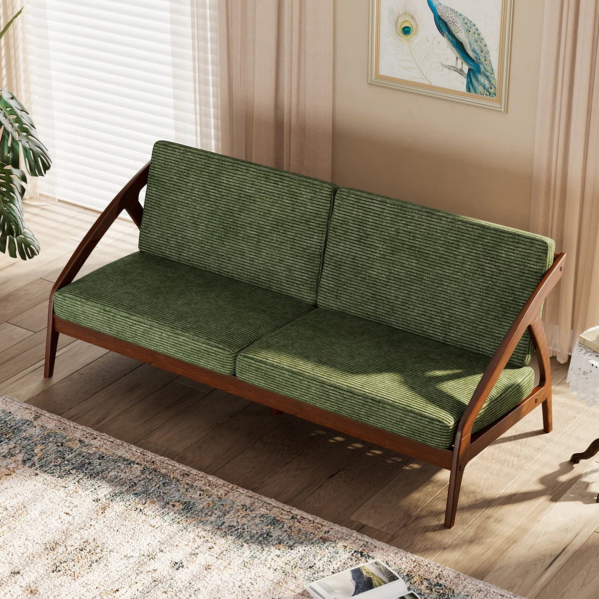 Furnishiaa Solid Sheesham Wood Sofa with Corduroy Upholstery