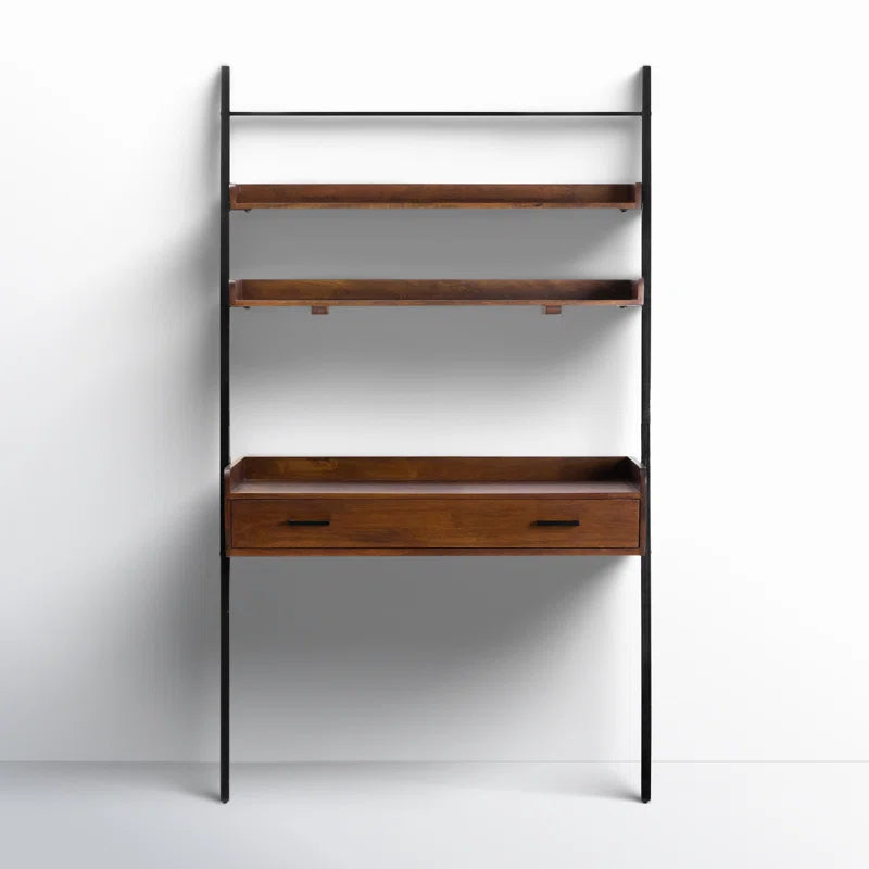 Furnishiaa Solid Sheesham Wood Ladder Desk with Drawer & Shelves – Light Industrial Style