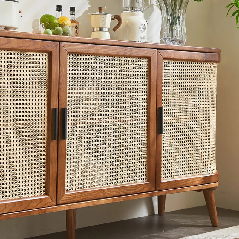 Furnishiaa Solid Sheesham Wood & Rattan Storage Cabinet with Double-Layer Shelves