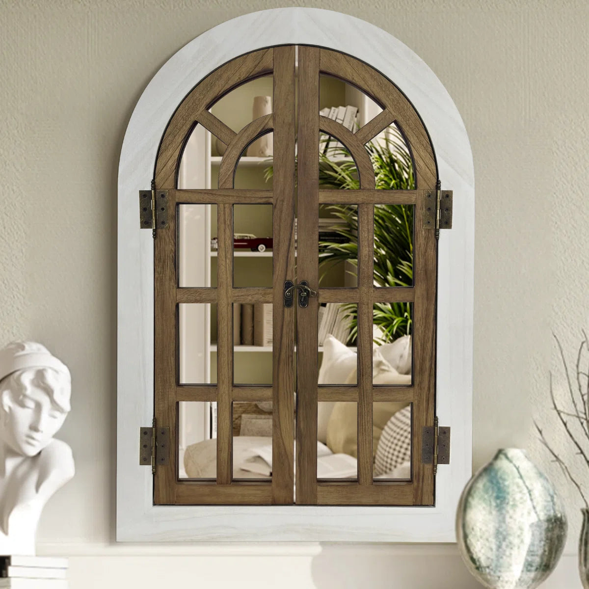 Farmhouse Style Window Mirror with Shutter Doors