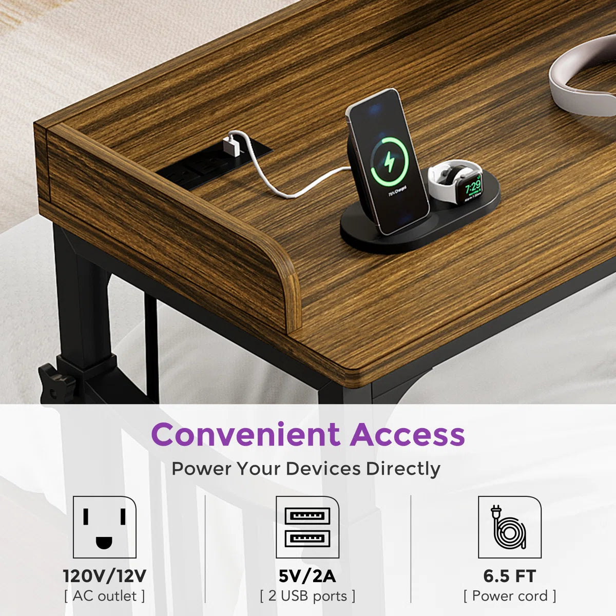 Furnishiaa Sheesham Wood Overbed Standing Desk with Wheels and Power Outlet – 180 cm