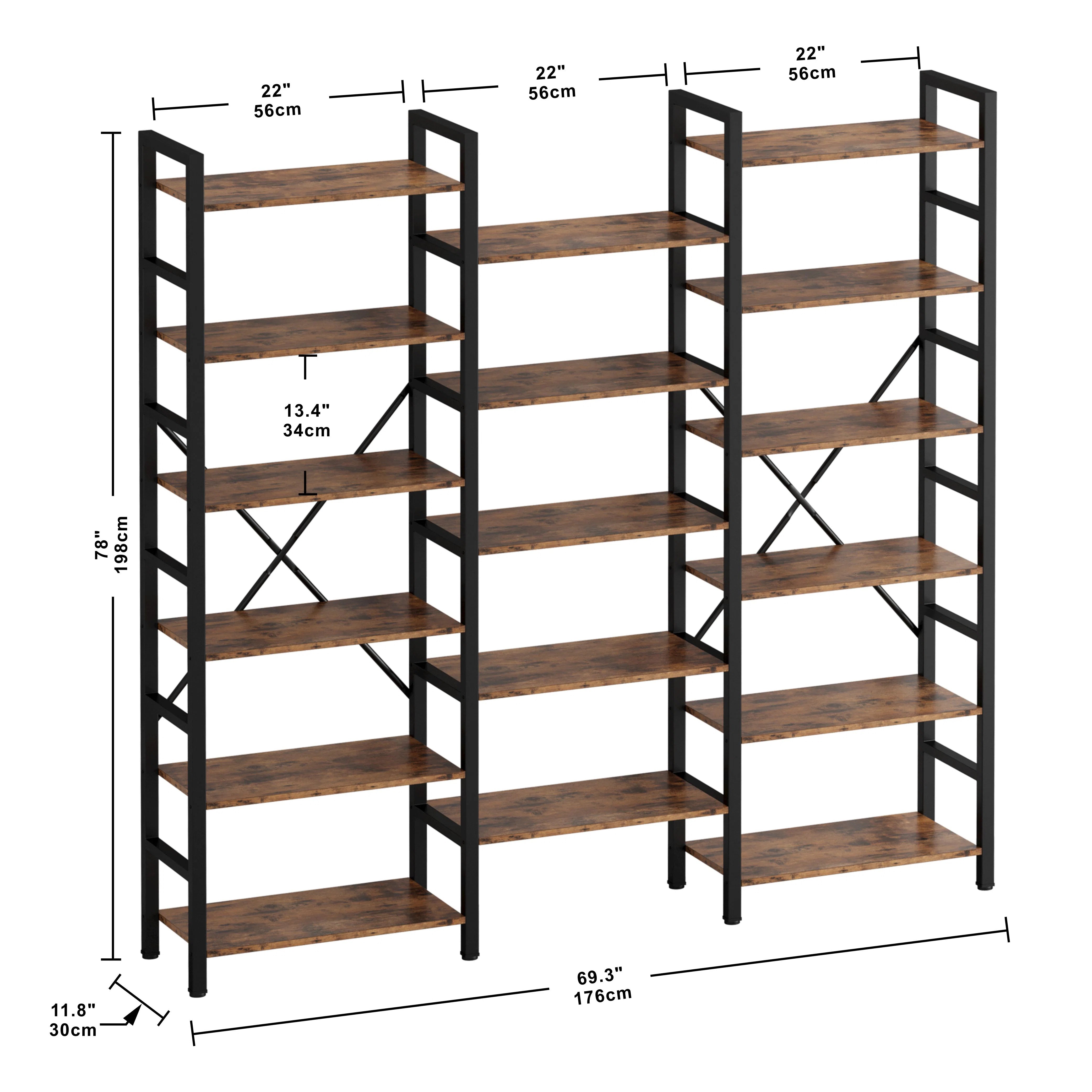 Furnishiaa Triple-Wide Industrial Bookcase with Solid Sheesham Wood Shelves