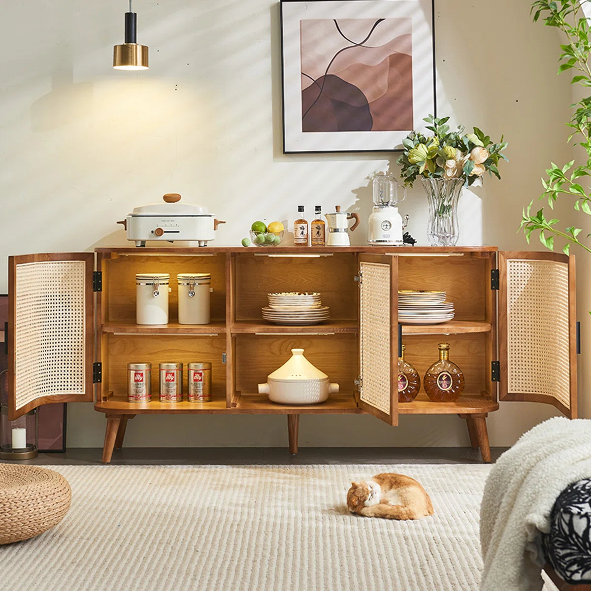 Furnishiaa Solid Sheesham Wood & Rattan Storage Cabinet with Double-Layer Shelves