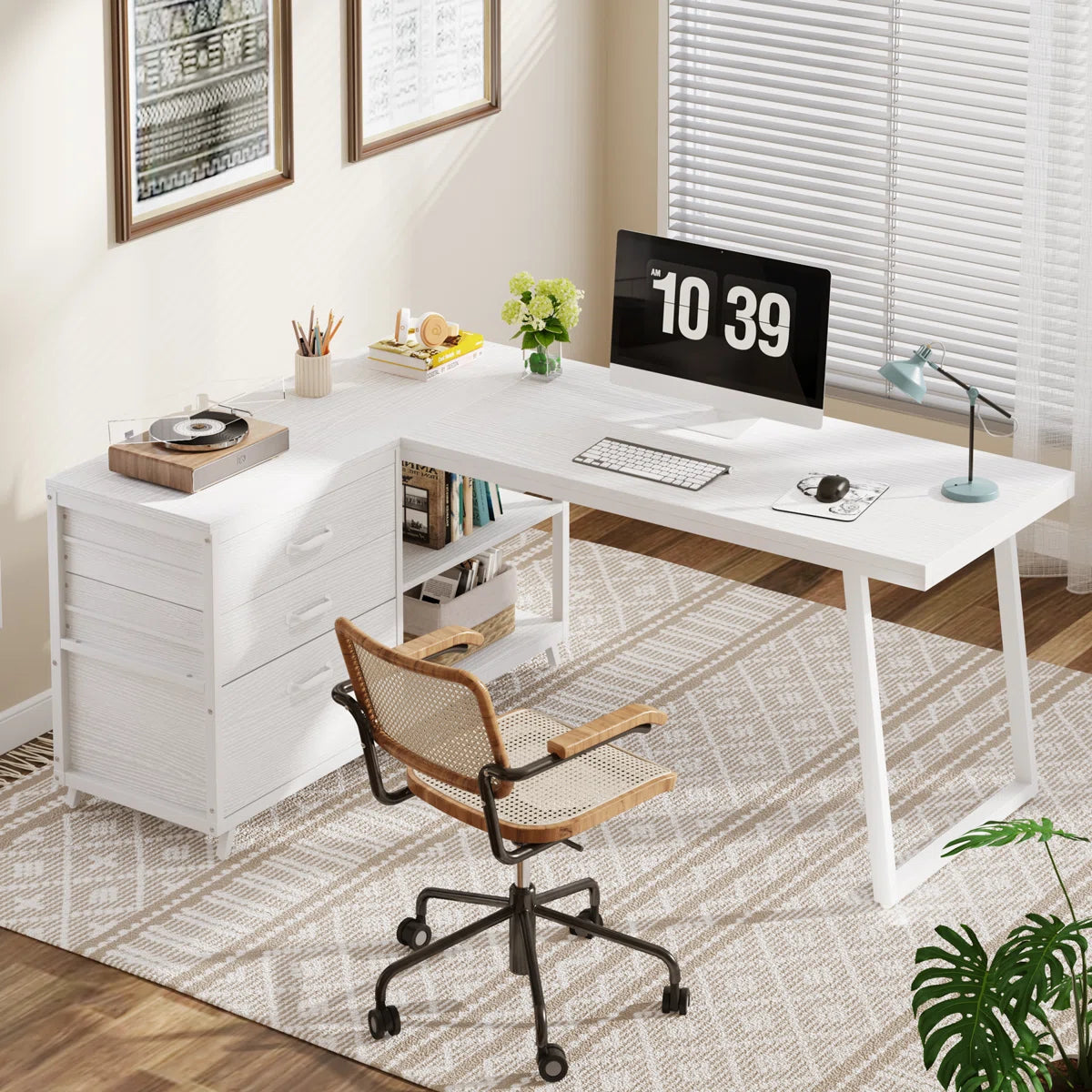 Furnishiaa L Shaped Office Desk in Sheesham Wood – Brown, Gray & White Colors