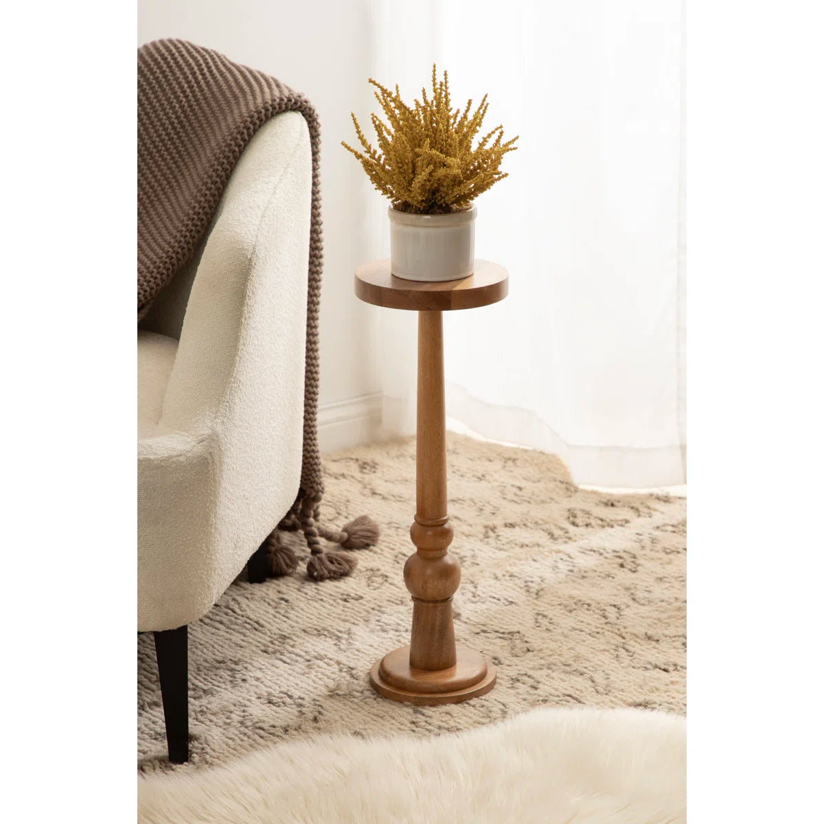 Furnishiaa Round Pedestal End Table – Solid Sheesham Wood