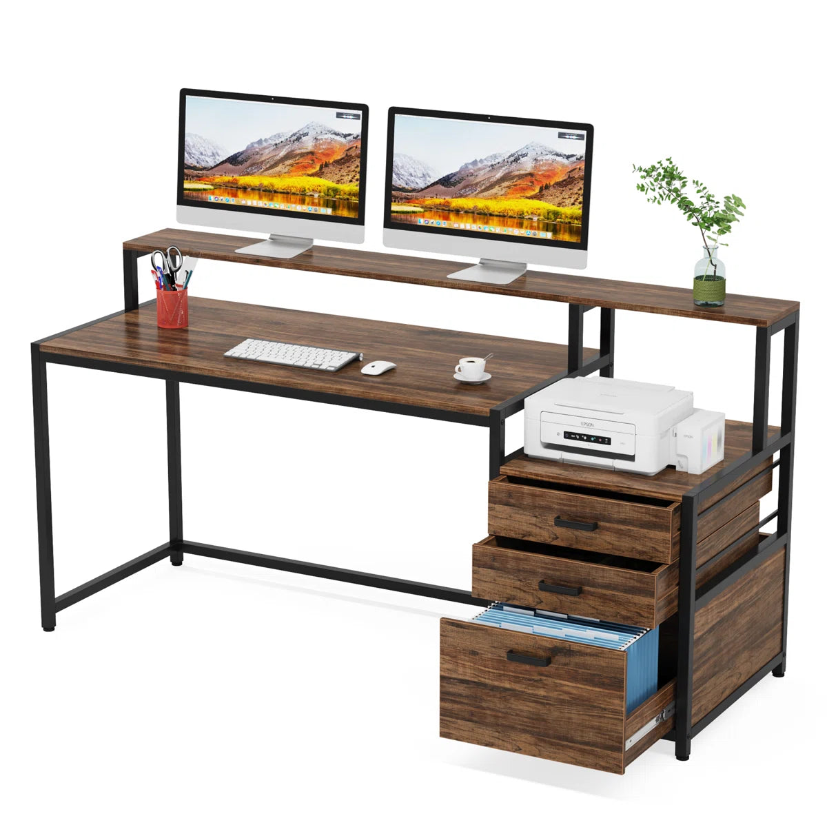 Furnishiaa Solid Sheesham Wood Computer Desk with Drawers and Hutch