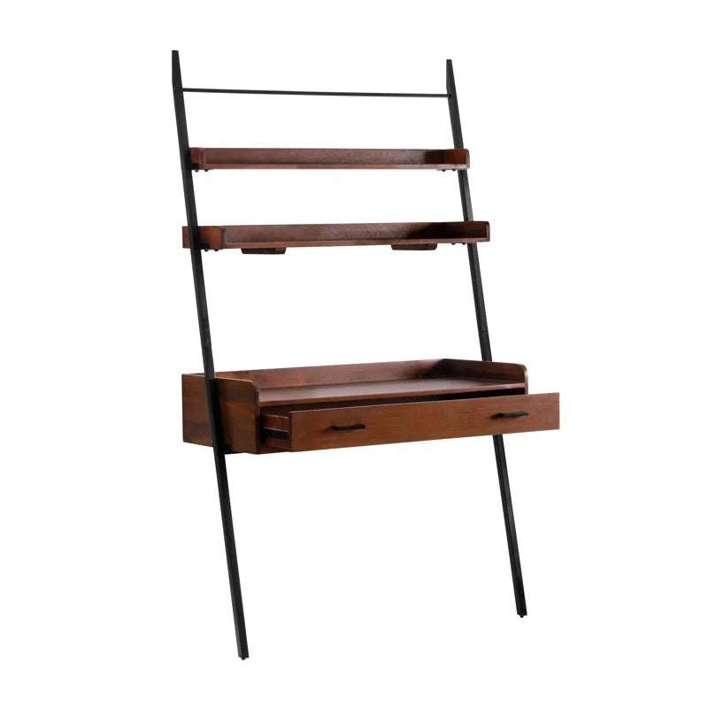 Furnishiaa Solid Sheesham Wood Ladder Desk with Drawer & Shelves – Light Industrial Style