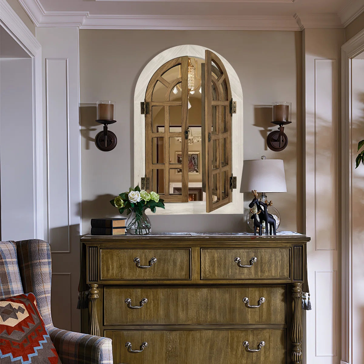 Farmhouse Style Window Mirror with Shutter Doors