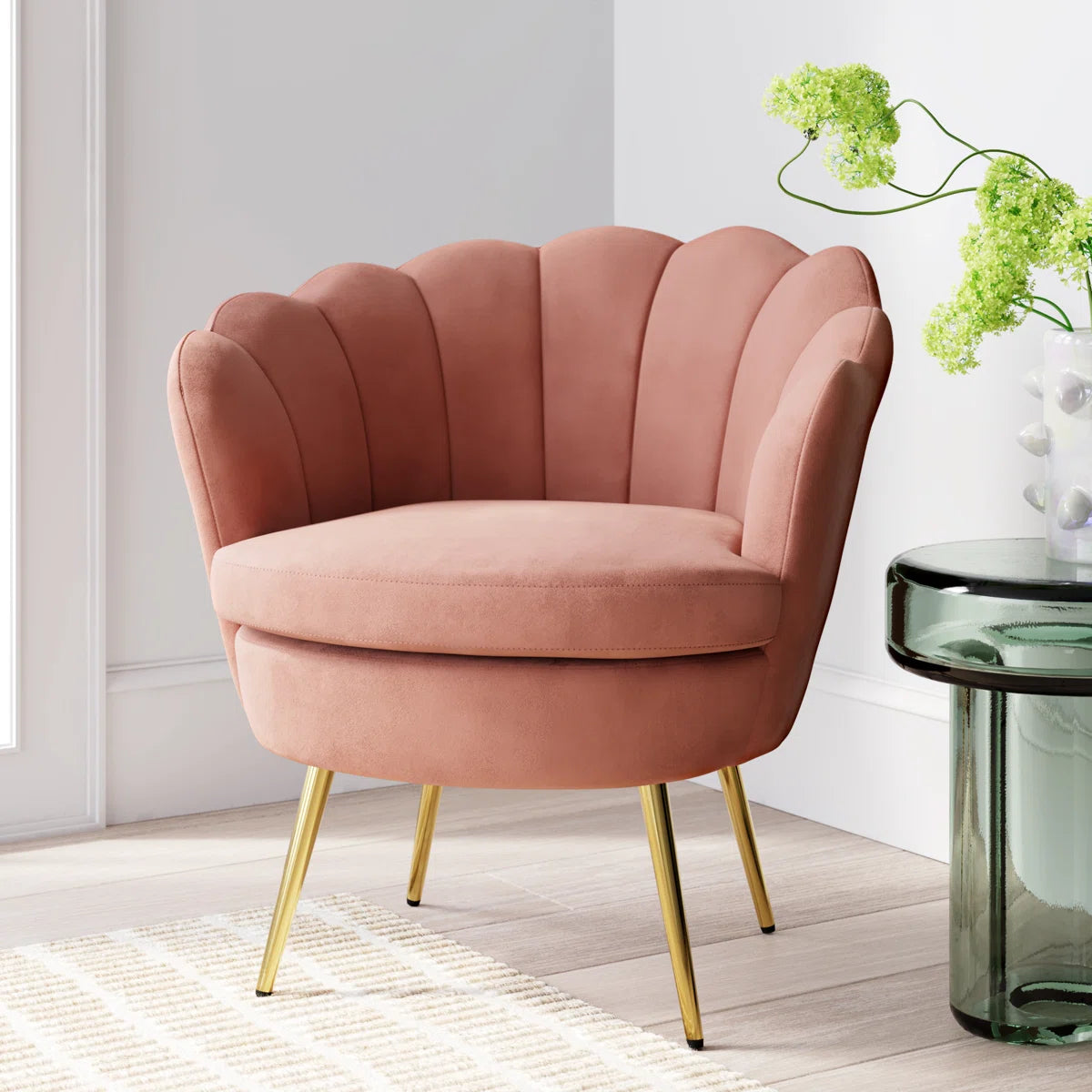 Furnishiaa Velvet Barrel Accent Chair with Gold Metal Legs