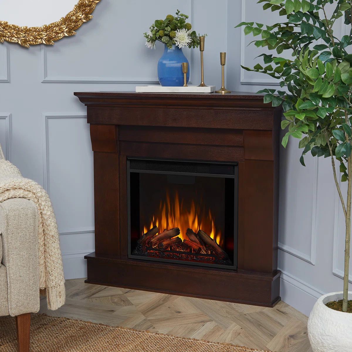 Furnishiaa Solid Sheesham Wood Electric Fireplace