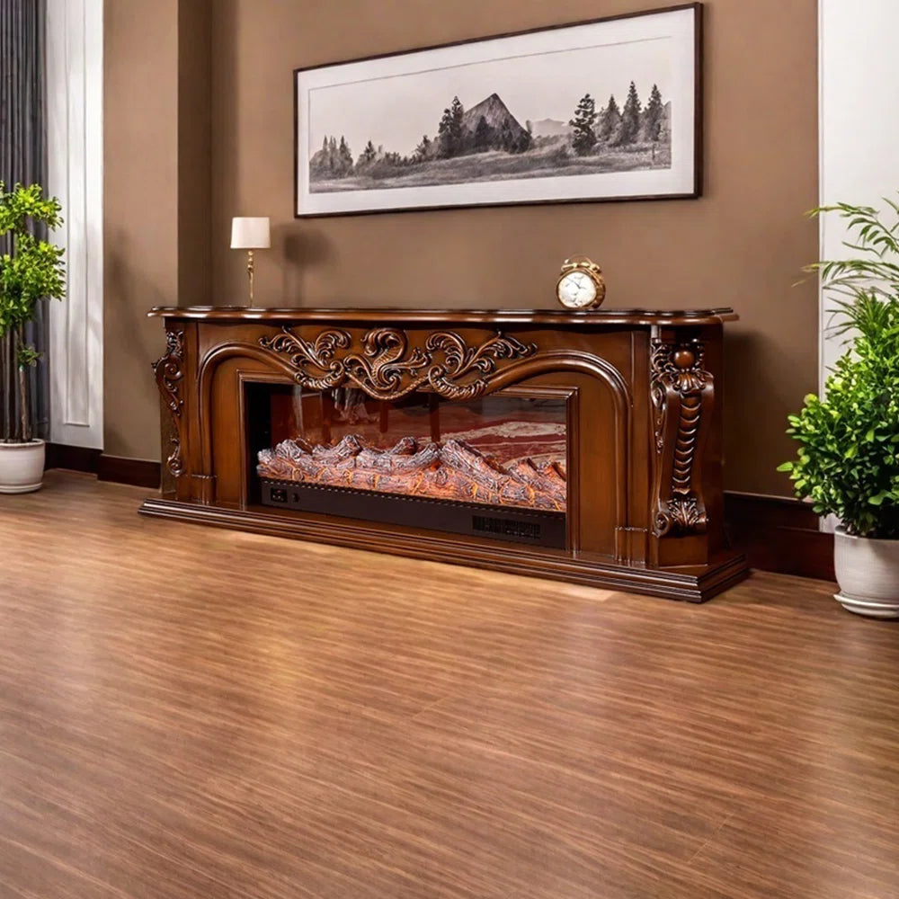 Furnishiaa Solid Sheesham Wood Electric Fireplace with Carved Mantel