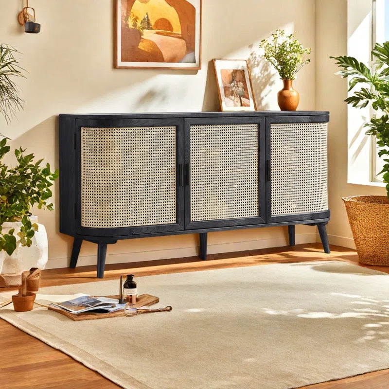 Furnishiaa Solid Sheesham Wood & Rattan Storage Cabinet with Double-Layer Shelves