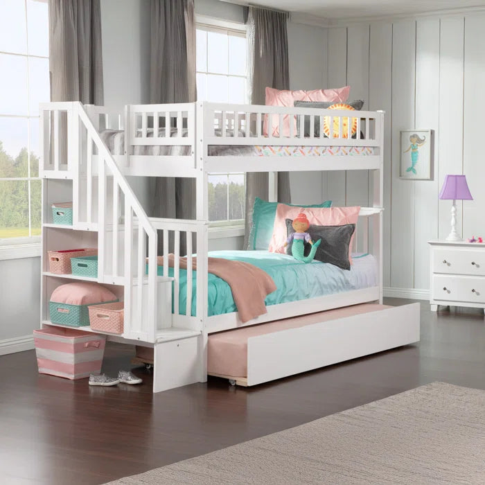 Furnishiaa Solid Sheesham Wood Bunk Bed with Pull-Out Trundle, Hidden Bookcase, and USB Charger