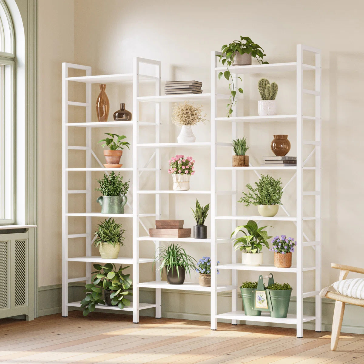 Furnishiaa Triple-Wide Industrial Bookcase with Solid Sheesham Wood Shelves