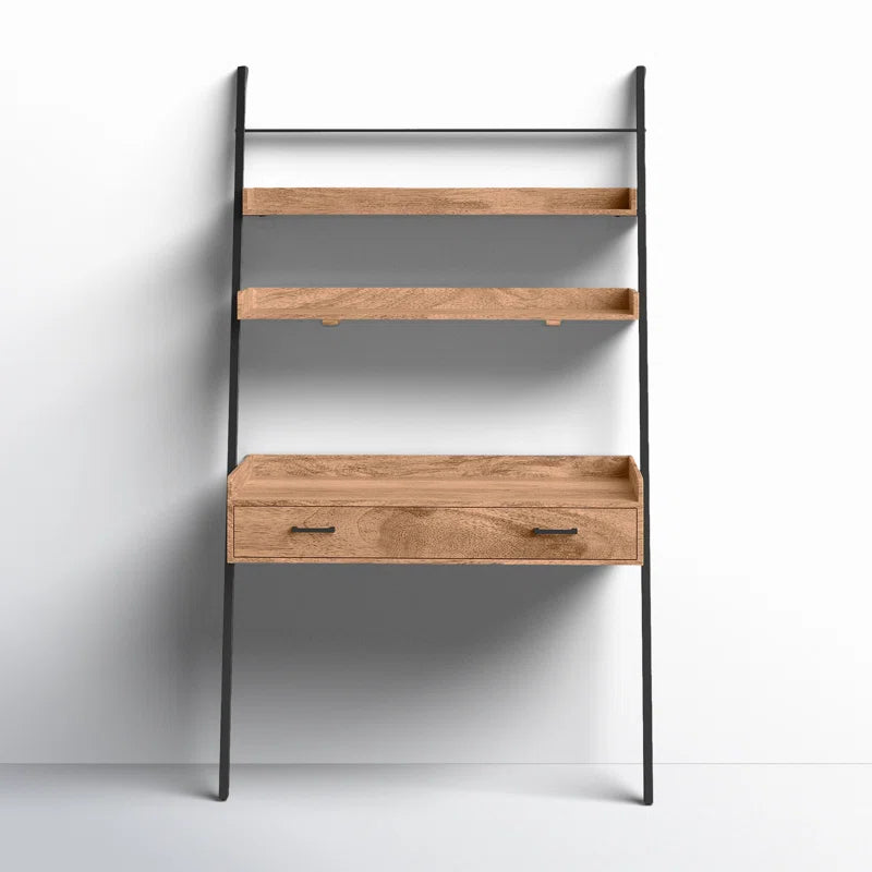 Furnishiaa Solid Sheesham Wood Ladder Desk with Drawer & Shelves – Light Industrial Style