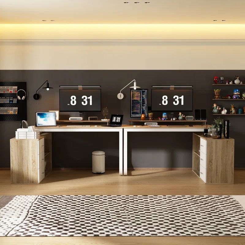 Furnishiaa Modular Office Desk Set – 2 Solid Sheesham Wood Tables with Cabinets & Storage