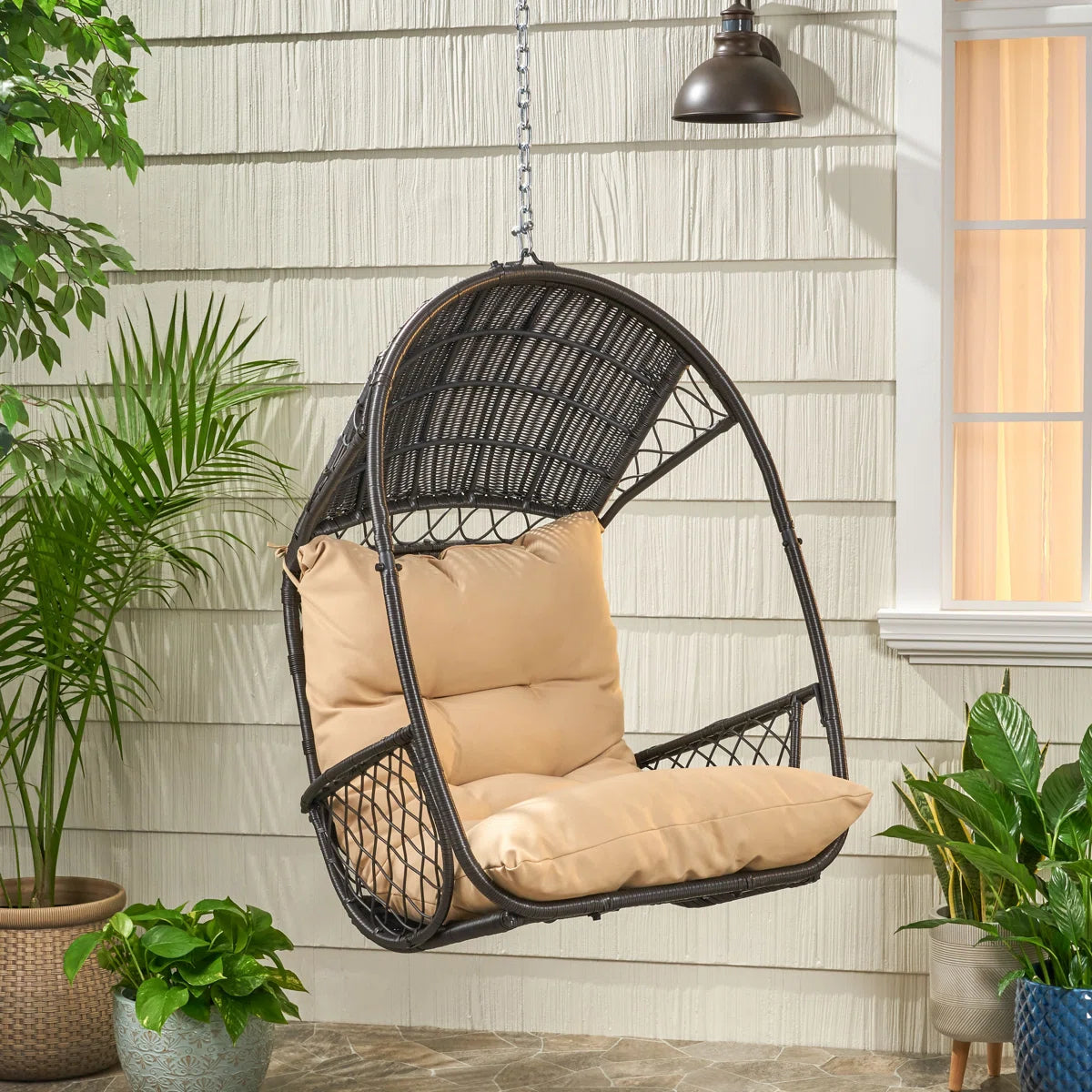 Furnishiaa Outdoor Hanging Basket Chair – Faux Rattan & Water-Resistant Cushions