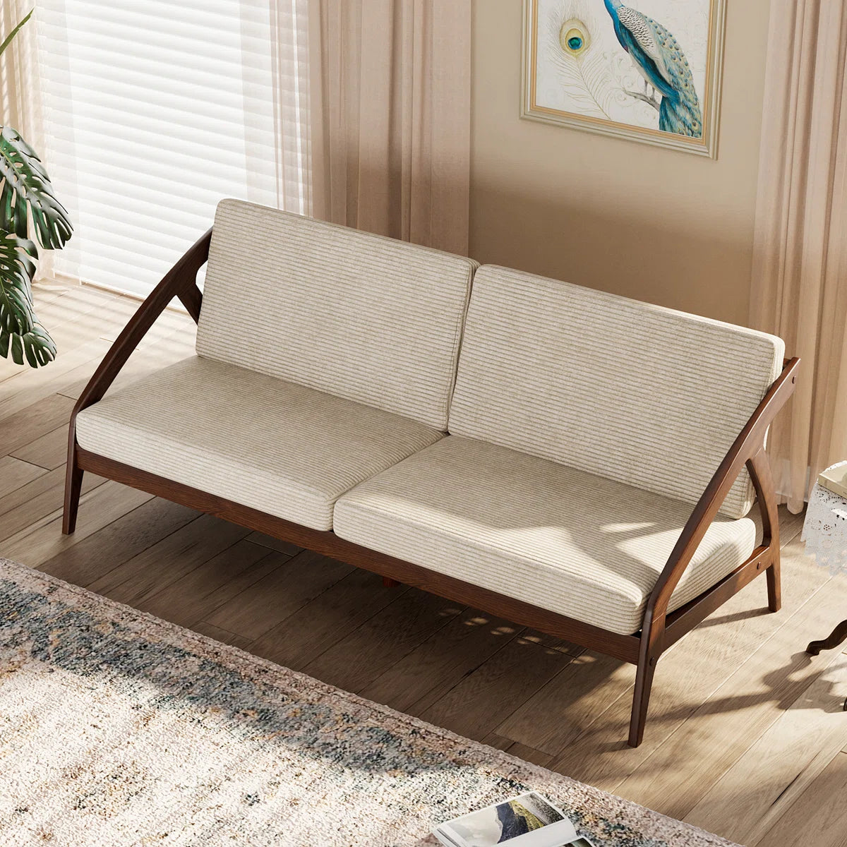 Furnishiaa Solid Sheesham Wood Sofa with Corduroy Upholstery