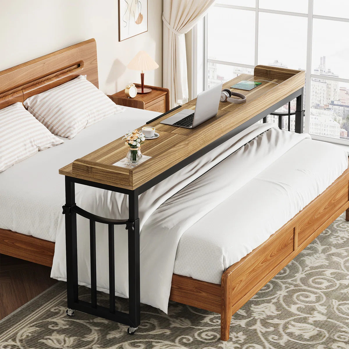 Furnishiaa Sheesham Wood Overbed Standing Desk with Wheels and Power Outlet – 180 cm