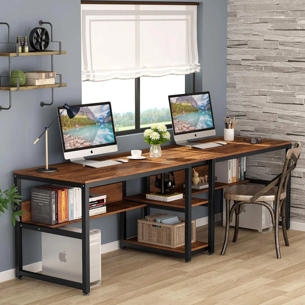 Furnishiaa Double Workstation Desk – Solid Sheesham Wood & Industrial