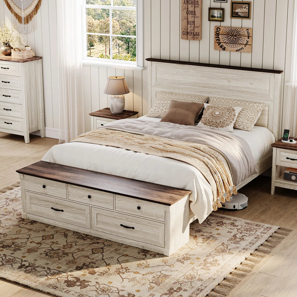 Furnishiaa Farmhouse Solid Sheesham Wood Queen Bed with Tall Headboard & Storage Bench with Drawers