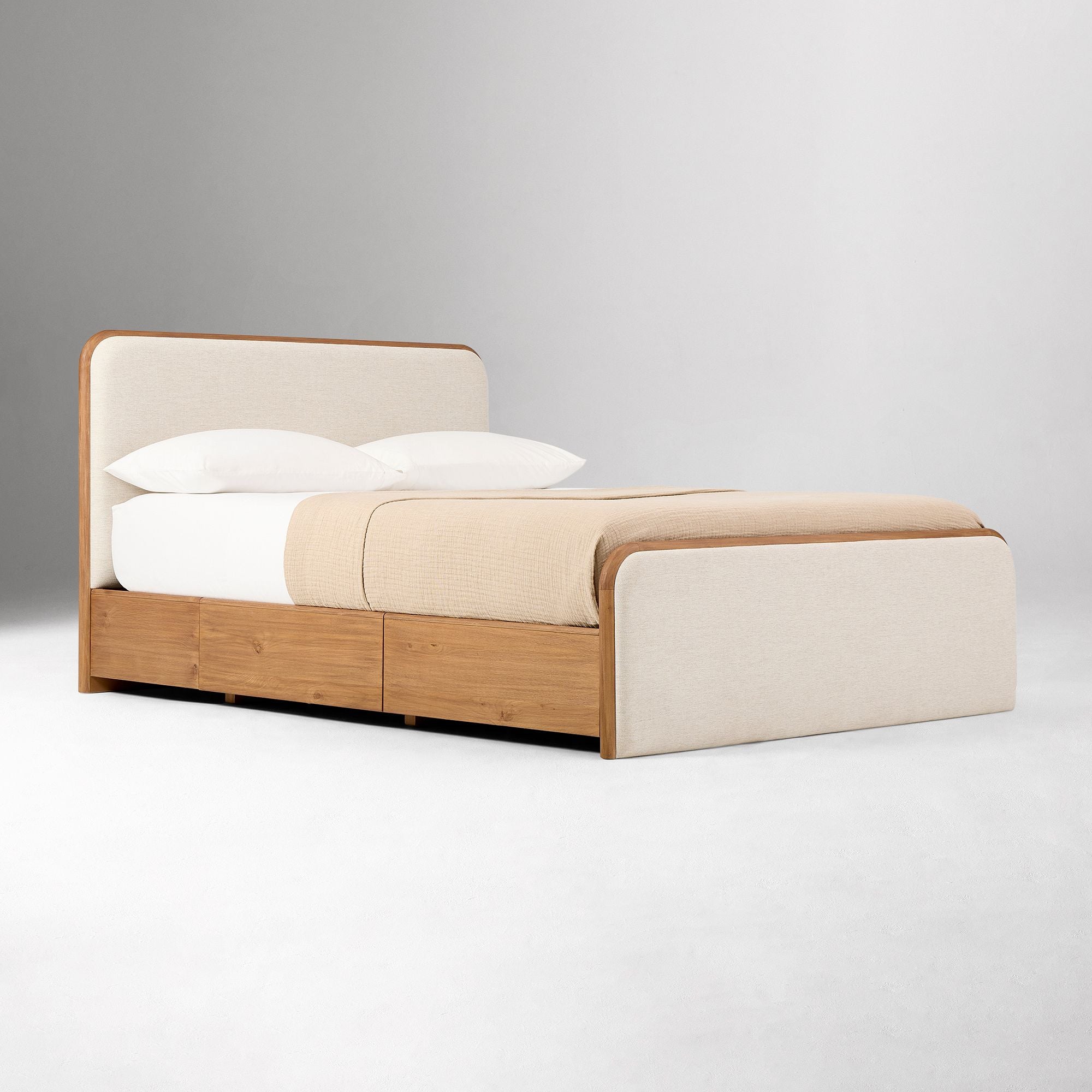 Furnishiaa Solid Sheesham Wood Upholstered Storage Bed with Drawers