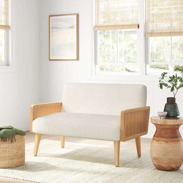 Solid Wood Upholstered Natural Cane 2 Seater Sofa
