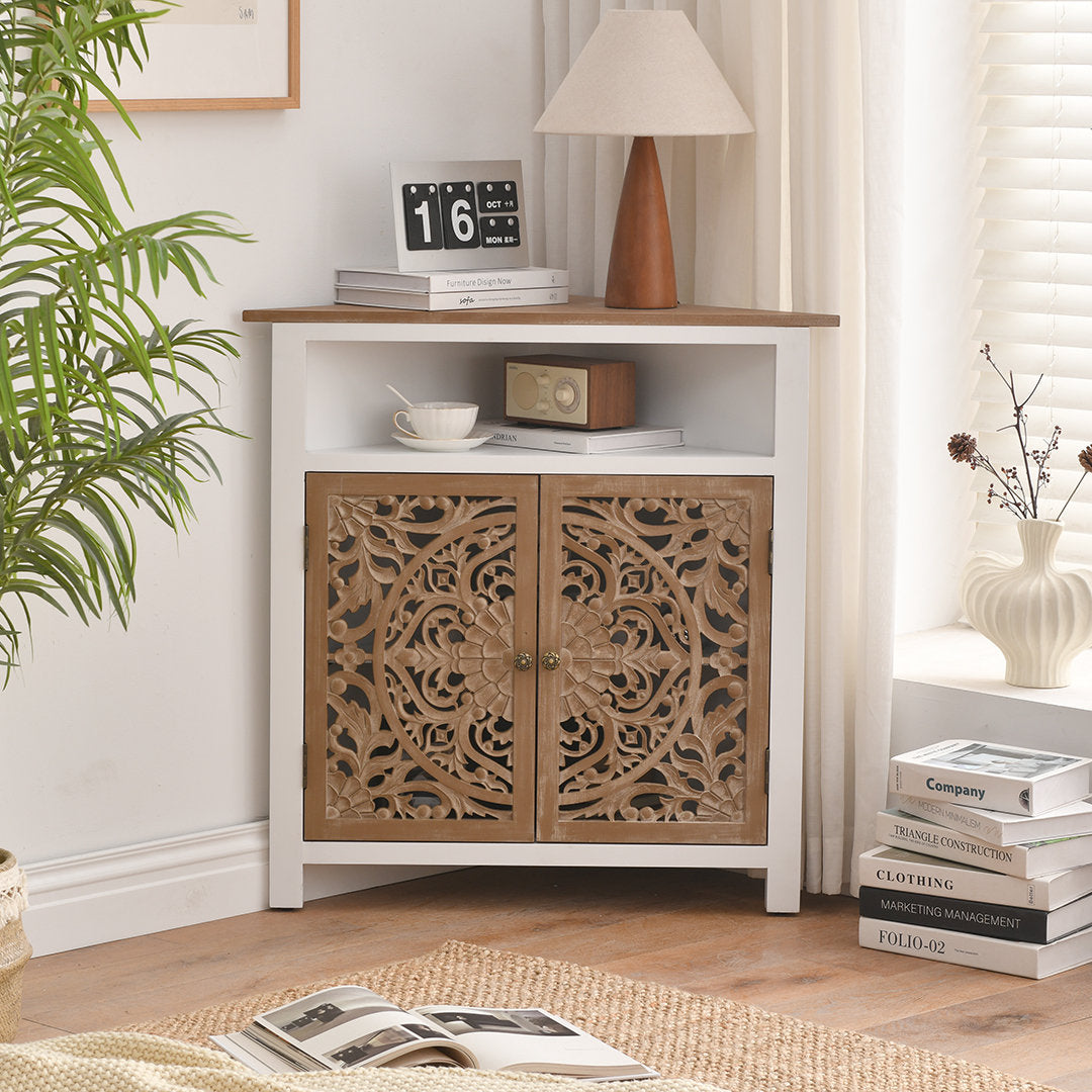 Furnishiaa Farmhouse 2-Door Corner Cabinet with Hand-Carved Detailing