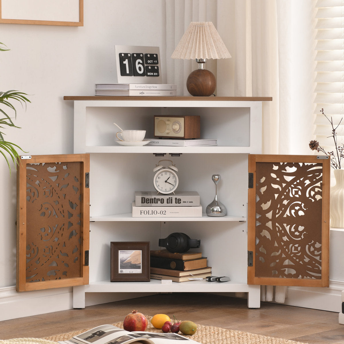 Furnishiaa Farmhouse 2-Door Corner Cabinet with Hand-Carved Detailing