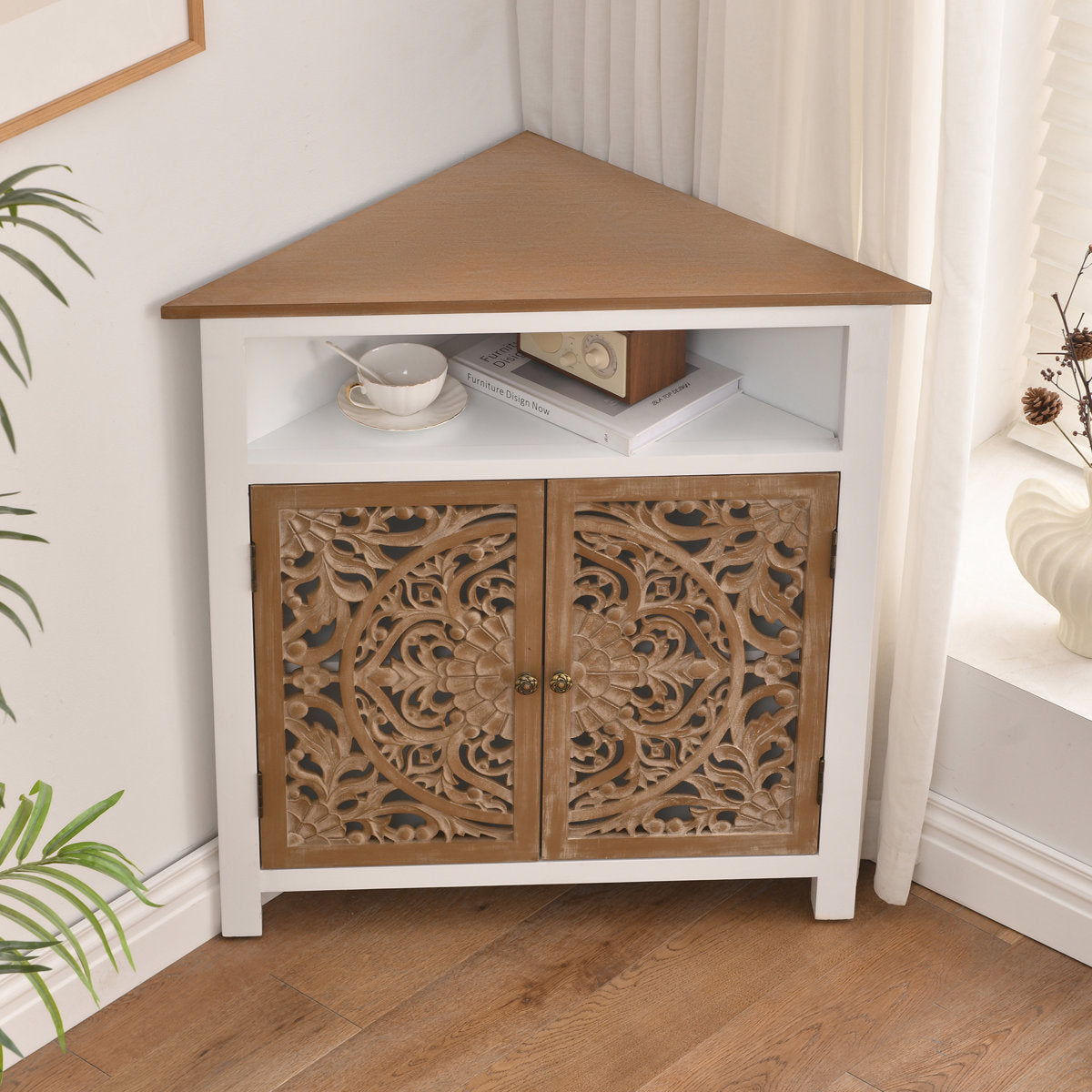 Furnishiaa Farmhouse 2-Door Corner Cabinet with Hand-Carved Detailing
