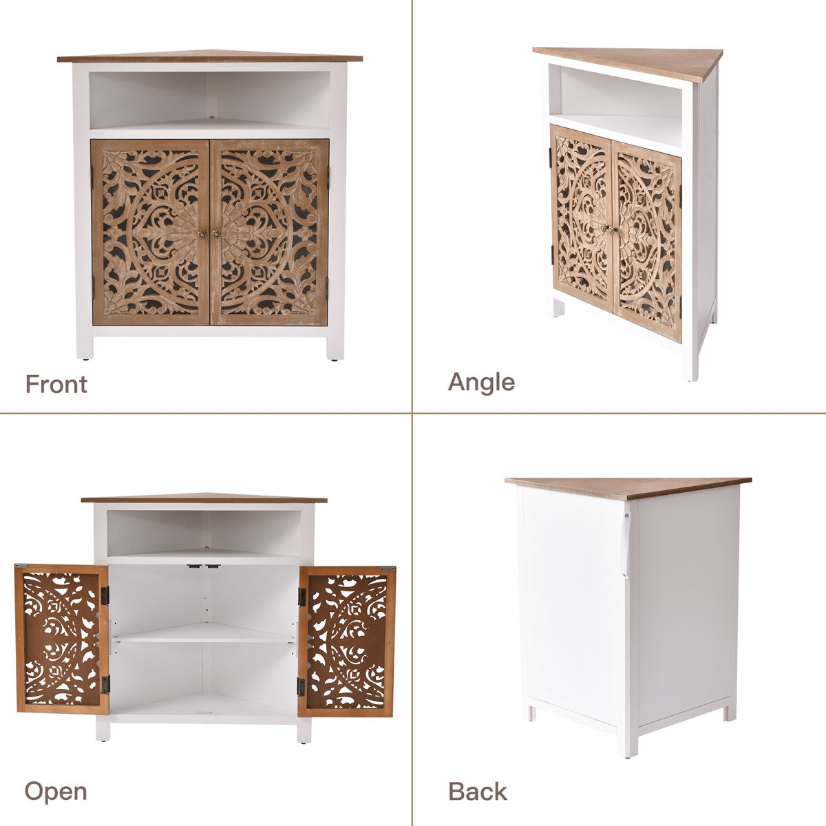 Furnishiaa Farmhouse 2-Door Corner Cabinet with Hand-Carved Detailing