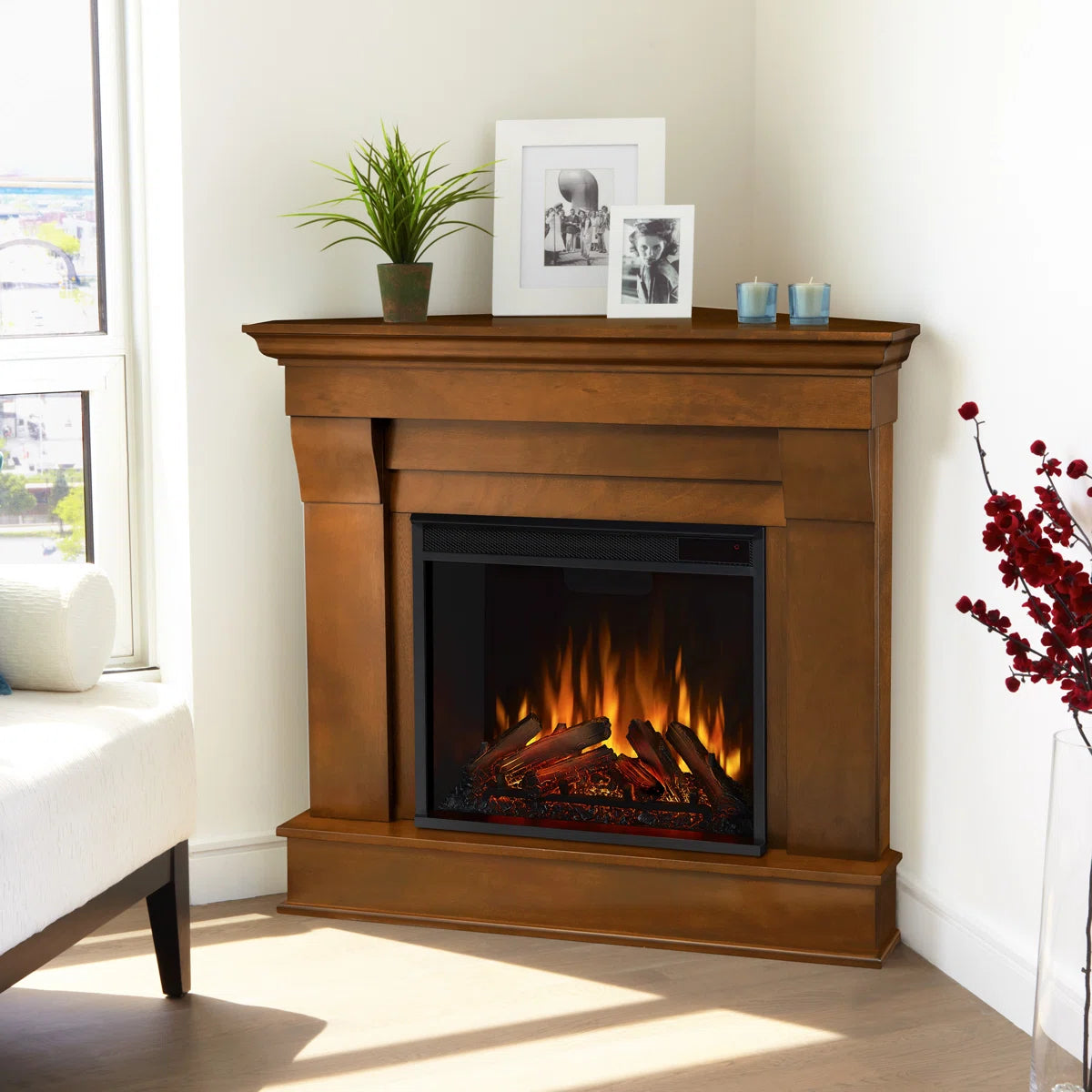 Furnishiaa Solid Sheesham Wood Electric Fireplace