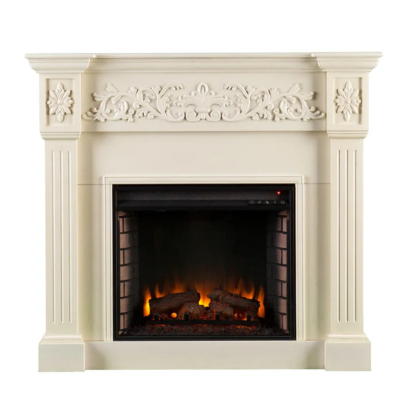Furnishiaa Royal White Carving Solid Wood Electric Fireplace