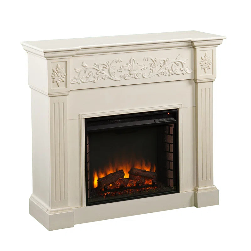 Furnishiaa Royal White Carving Solid Wood Electric Fireplace