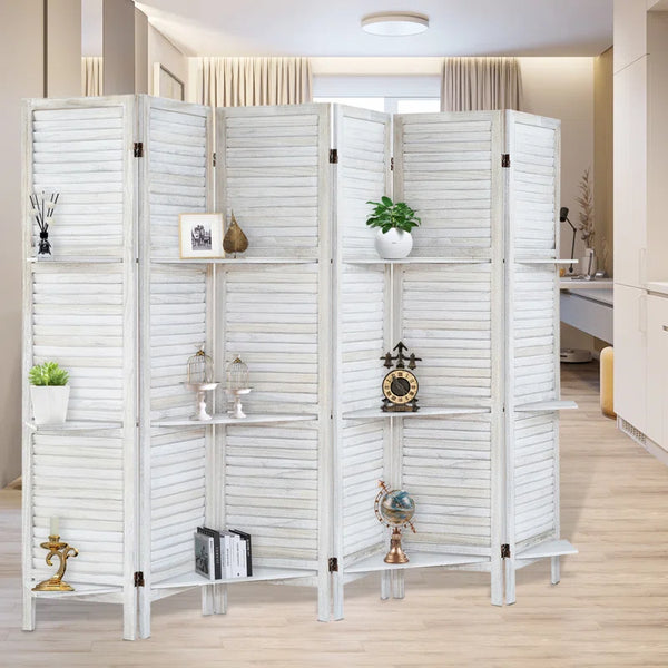 Furnishiaa Solid Sheesham 6 Panels Wood Room Divider with Shelves