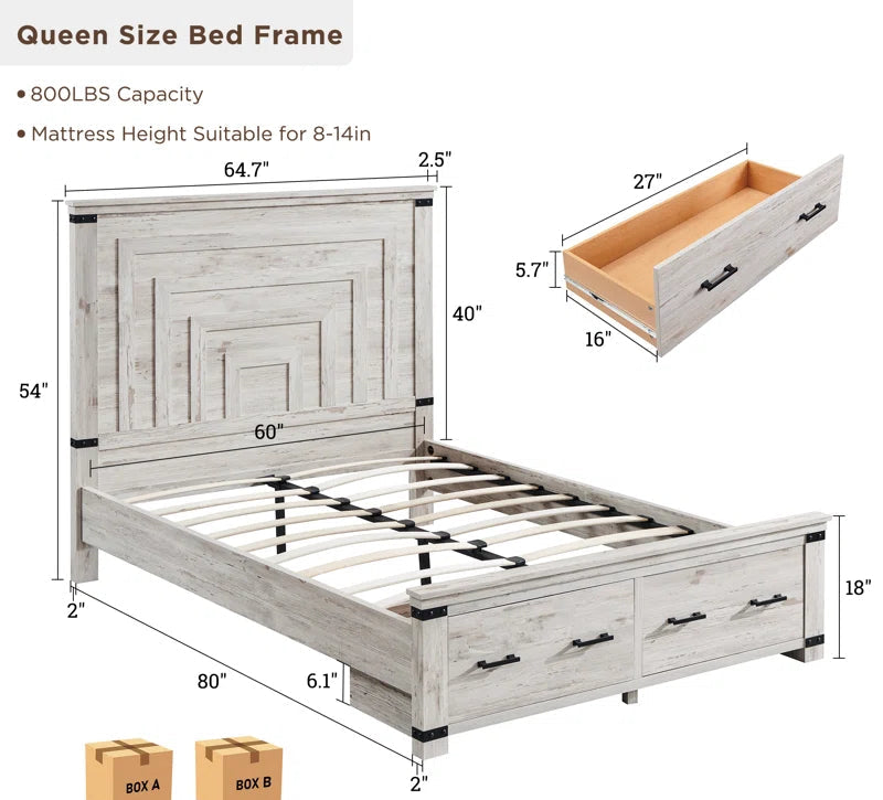 Furnishiaa Farmhouse Solid Sheesham Wood Bed with 54” Tall Geometric Headboard & Storage Drawers – Queen & King Size