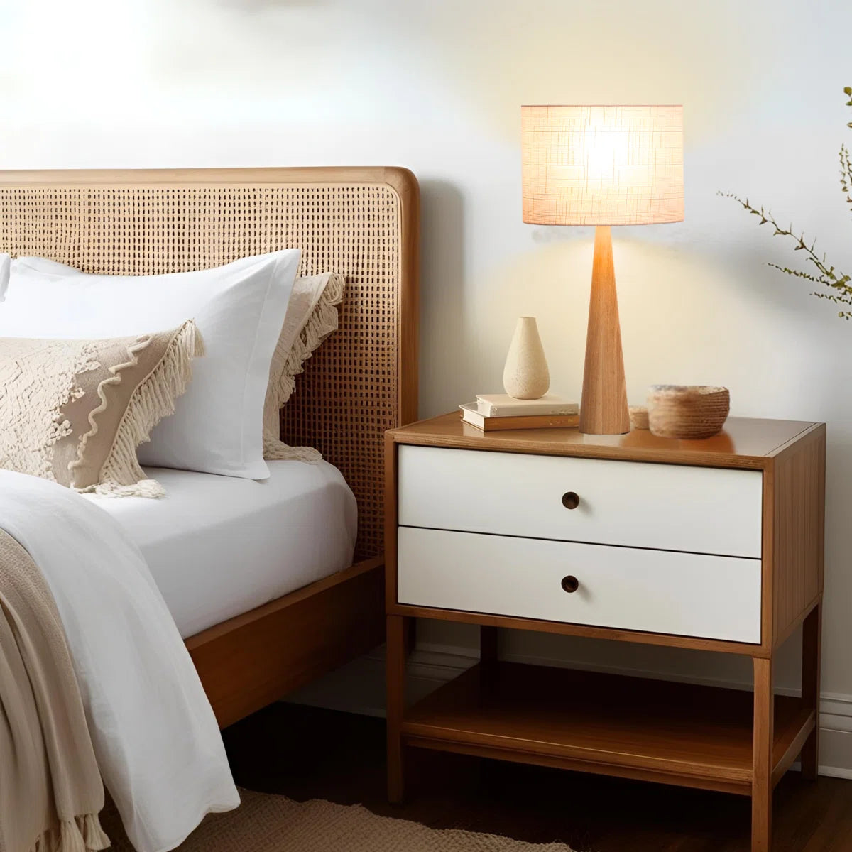 Furnishiaa 2-Piece Table Lamp Set – Solid Sheesham Wood Base with Linen Drum Shade