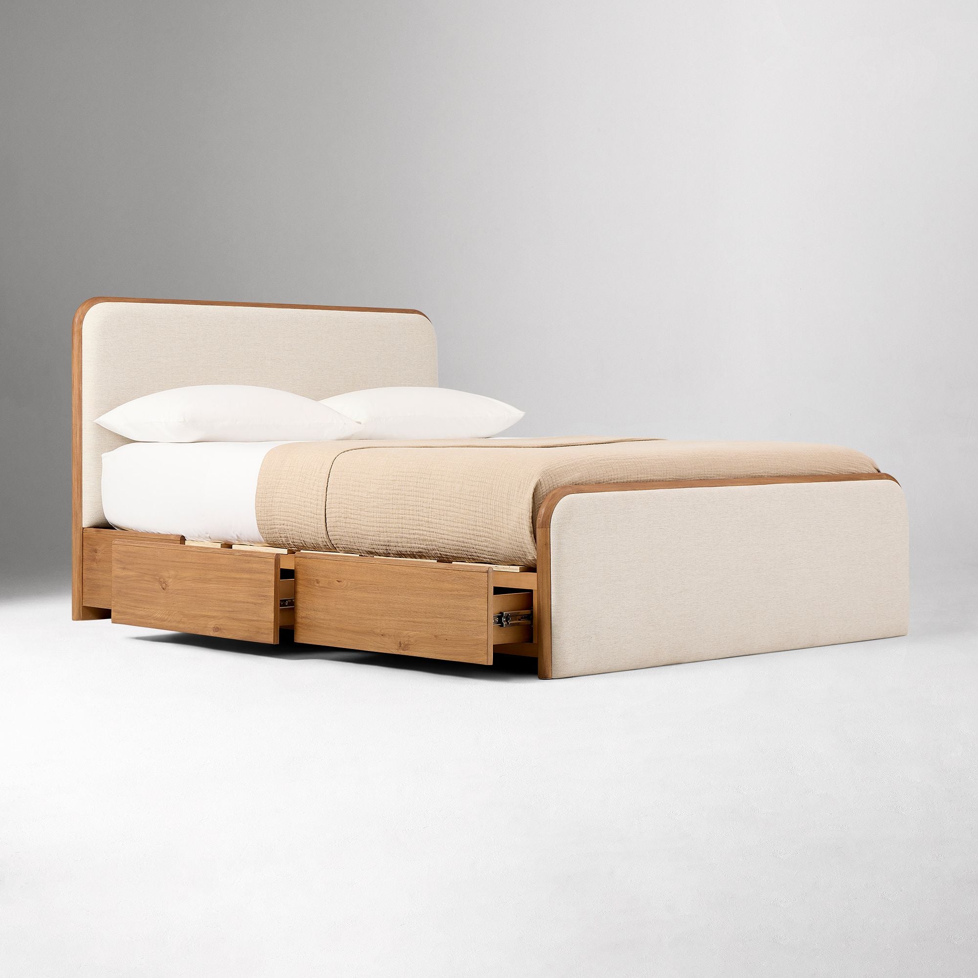 Furnishiaa Solid Sheesham Wood Upholstered Storage Bed with Drawers