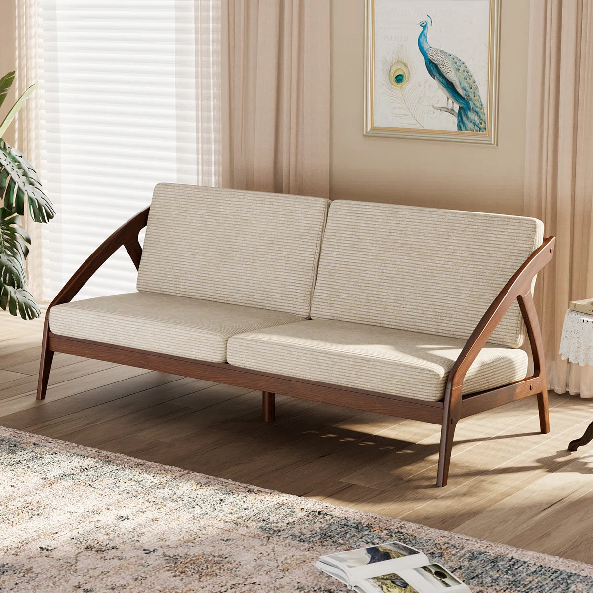 Furnishiaa Solid Sheesham Wood Sofa with Corduroy Upholstery