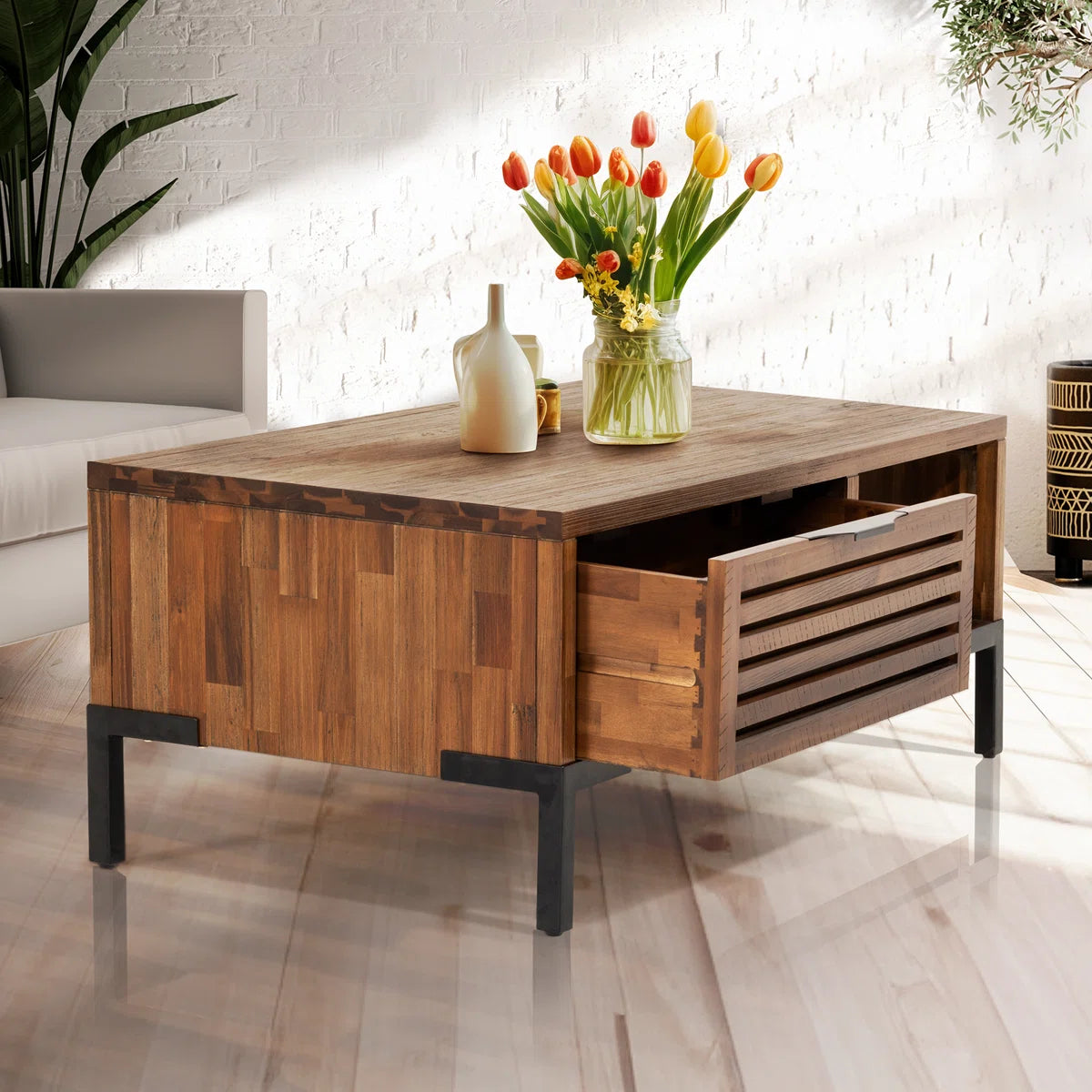 Furnishiaa Solid Sheesham Wood Coffee Table – Rustic Industrial Design