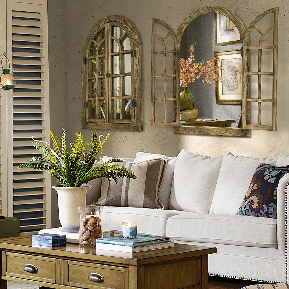 Farmhouse Style Window Mirror with Shutter Doors