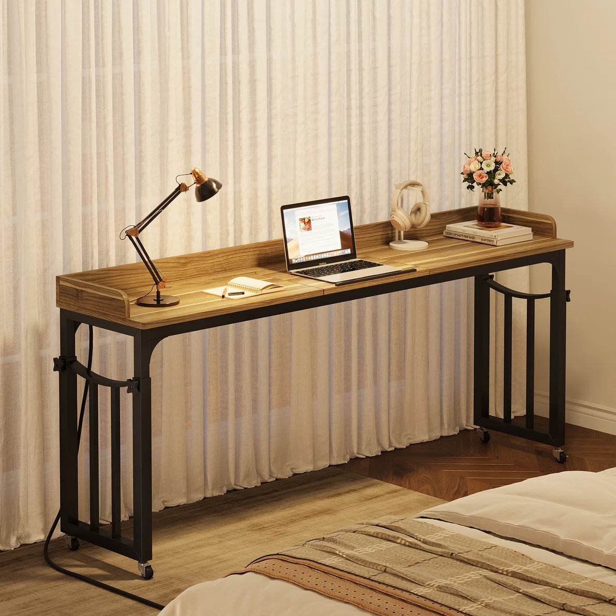 Furnishiaa Sheesham Wood Overbed Standing Desk with Wheels and Power Outlet – 180 cm