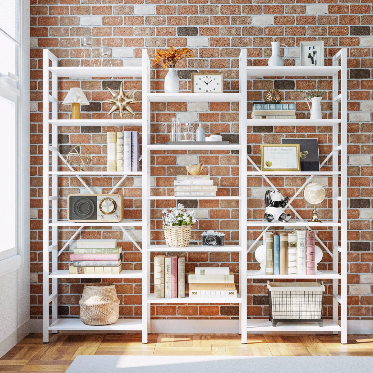 Furnishiaa Triple-Wide Industrial Bookcase with Solid Sheesham Wood Shelves