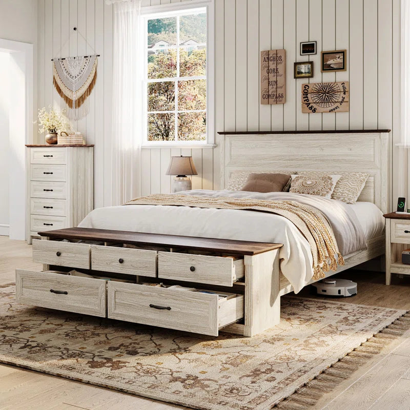 Furnishiaa Farmhouse Solid Sheesham Wood Queen Bed with Tall Headboard & Storage Bench with Drawers
