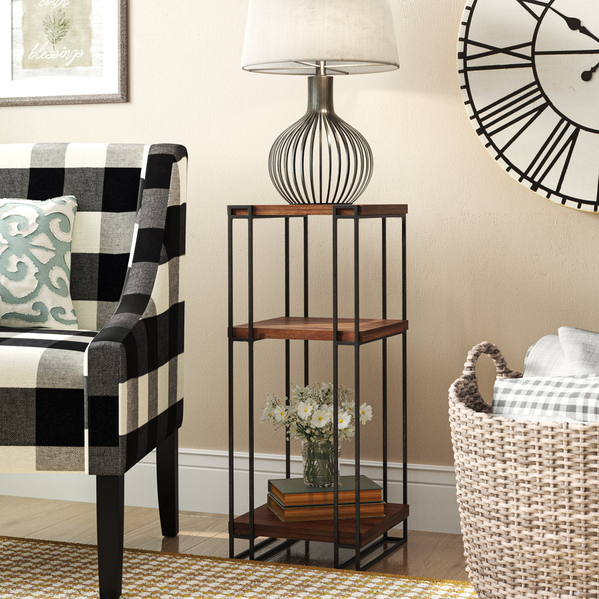 Main product image 1 of industrial end table with brown shelves and black metal frame